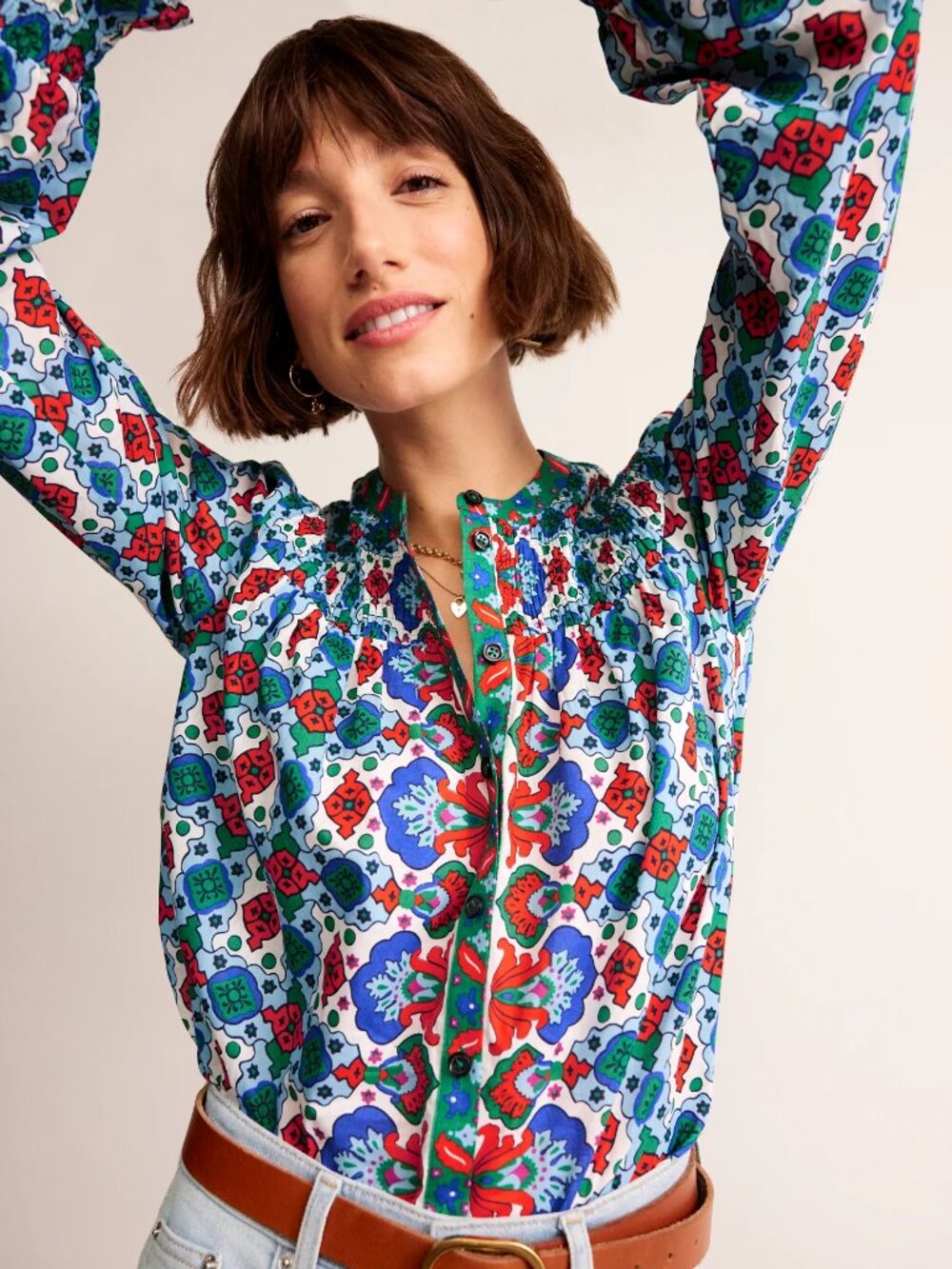 BODEN Mixed Print Smocked Helena Cotton Blouse Top Boho Indie Sz 4